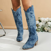 Botas hasta la rodilla con punta redonda en denim lavado